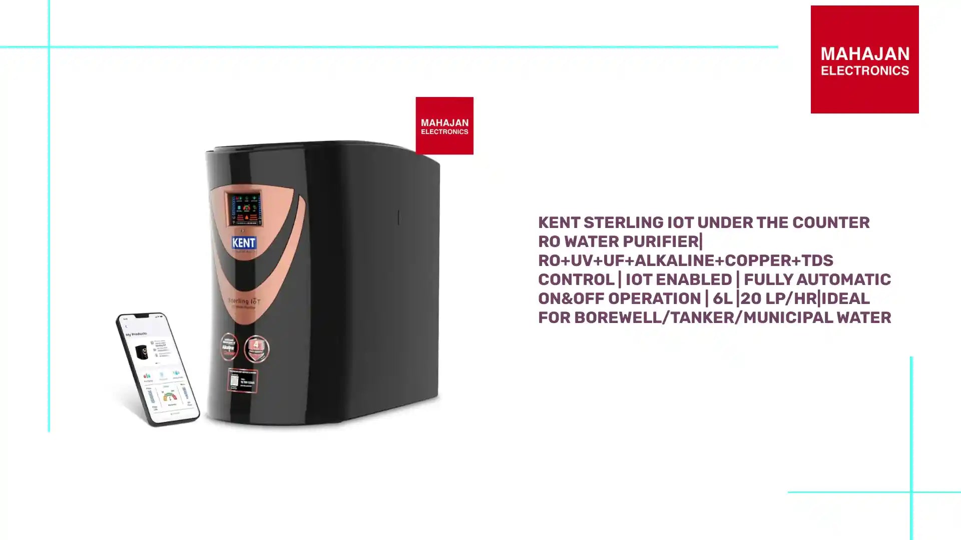 KENT Sterling IoT Under the Counter RO Water Purifier| RO+UV+UF+Alkaline+Copper+TDS Control | IoT Enabled | Fully Automatic On&amp;OFF Operation | 6L |20 LP/Hr|Ideal For Borewell/Tanker/Municipal Water by@Outfy