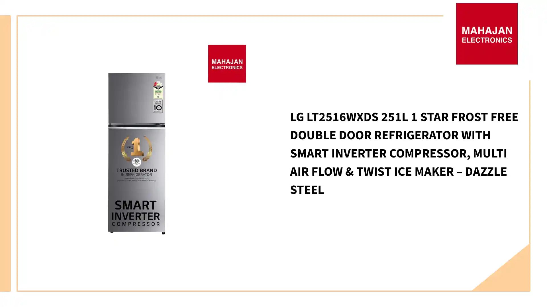 LG LT2516WXDS 251L 1 Star Frost Free Double Door Refrigerator with Smart Inverter Compressor, Multi Air Flow &amp; Twist Ice Maker &ndash; Dazzle Steel by@Outfy