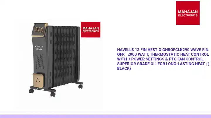 Havells 13 Fin Hestio GHROFCLK290 Wave Fin OFR | 2900 Watt, Thermostatic heat control with 3 power settings & PTC fan control | Superior grade oil for long-lasting heat | ( Black) by@Outfy
