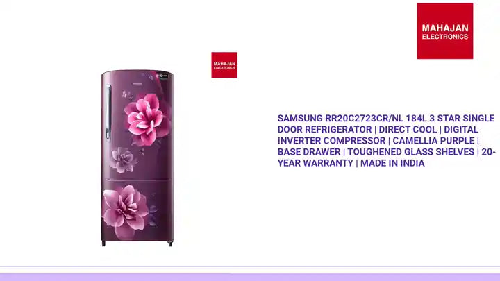Samsung RR20C2723CR/NL 184L 3 Star Single Door Refrigerator | Direct Cool | Digital Inverter Compressor | Camellia Purple | Base Drawer | Toughened Glass Shelves | 20-Year Warranty | Made in India by@Outfy