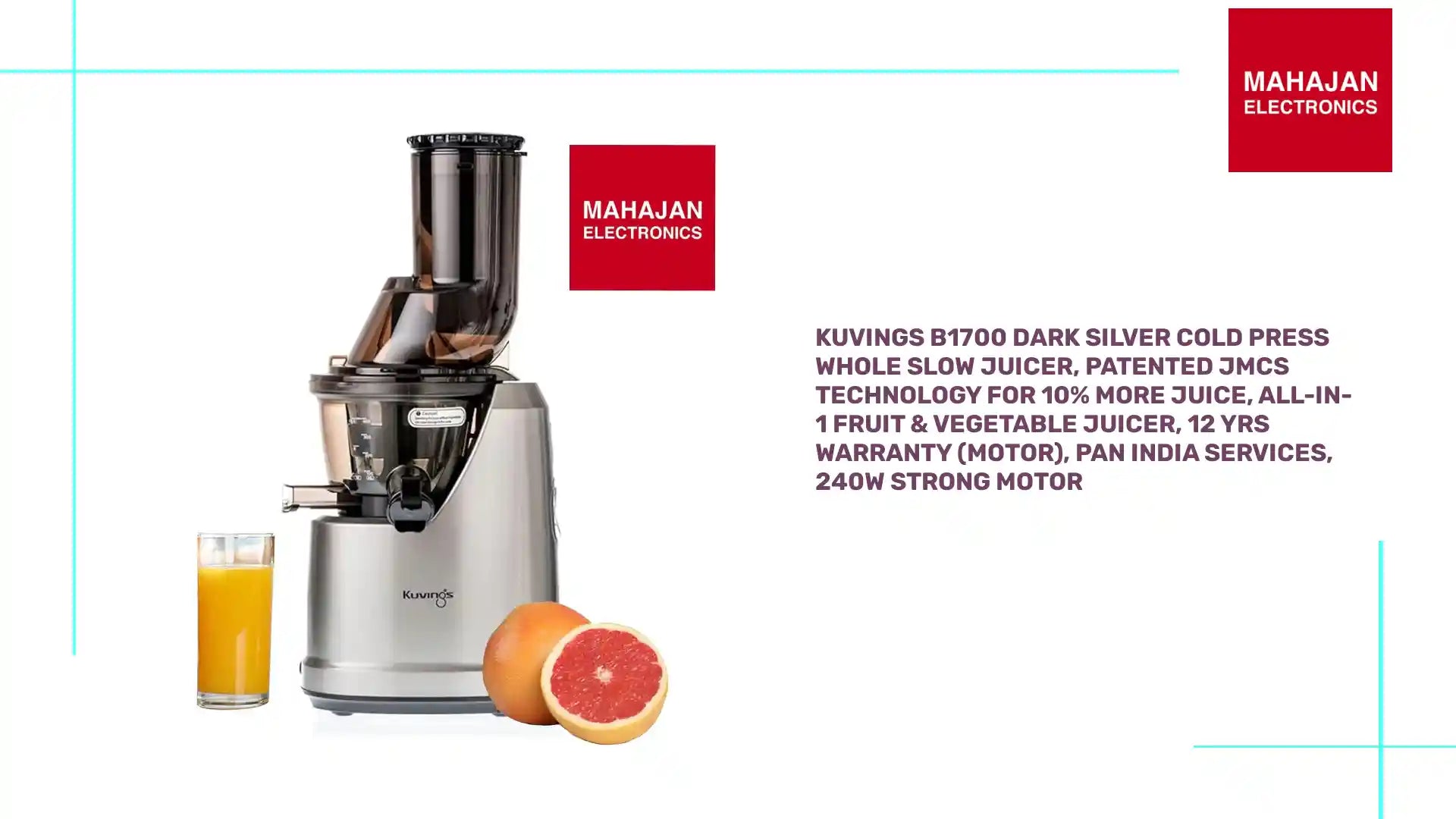 Kuvings B1700 Dark Silver Cold Press Whole Slow Juicer, Patented JMCS Technology for 10% More Juice, All-in-1 Fruit &amp; Vegetable Juicer, 12 Yrs Warranty (Motor), PAN India Services, 240W Strong Motor by@Outfy