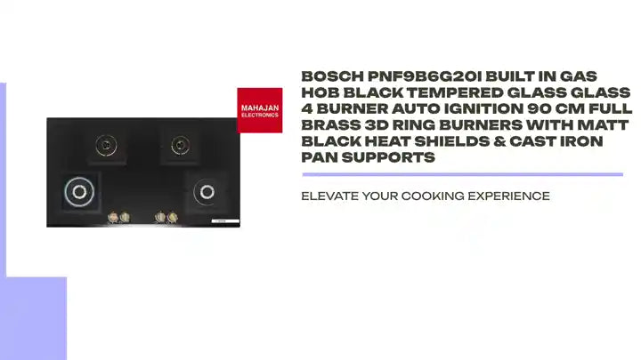 Bosch PNF9B6G20I Built in Gas Hob Black Tempered glass Glass 4 Burner Auto Ignition 90 cm Full Brass 3D Ring Burners with Matt Black Heat Shields &amp; Cast Iron pan supports by@Outfy