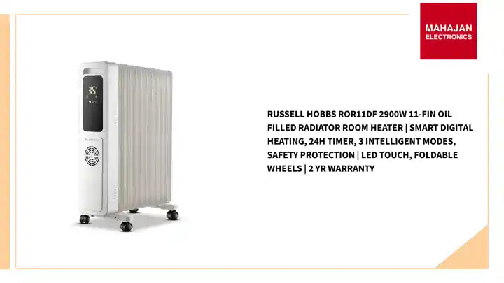 Russell Hobbs ROR11DF 2900W 11-Fin Oil Filled Radiator Room Heater | Smart Digital Heating, 24H Timer, 3 Intelligent Modes, Safety Protection | LED Touch, Foldable Wheels | 2 Yr Warranty by@Outfy