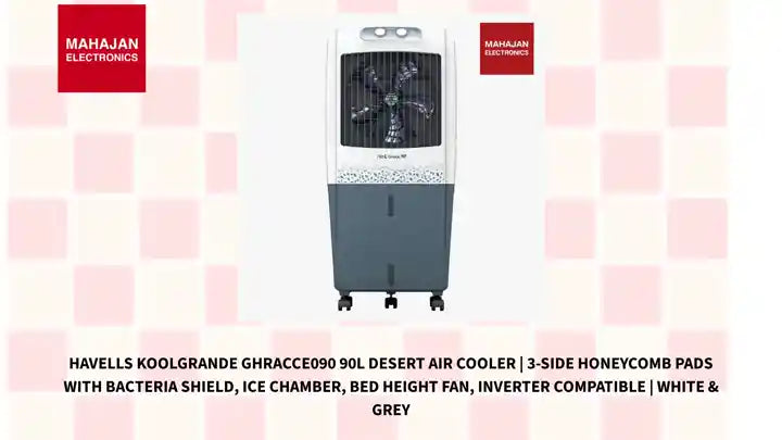 Havells KoolGrande GHRACCE090 90L Desert Air Cooler | 3-Side Honeycomb Pads with Bacteria Shield, Ice Chamber, Bed Height Fan, Inverter Compatible | White &amp; Grey by@Outfy