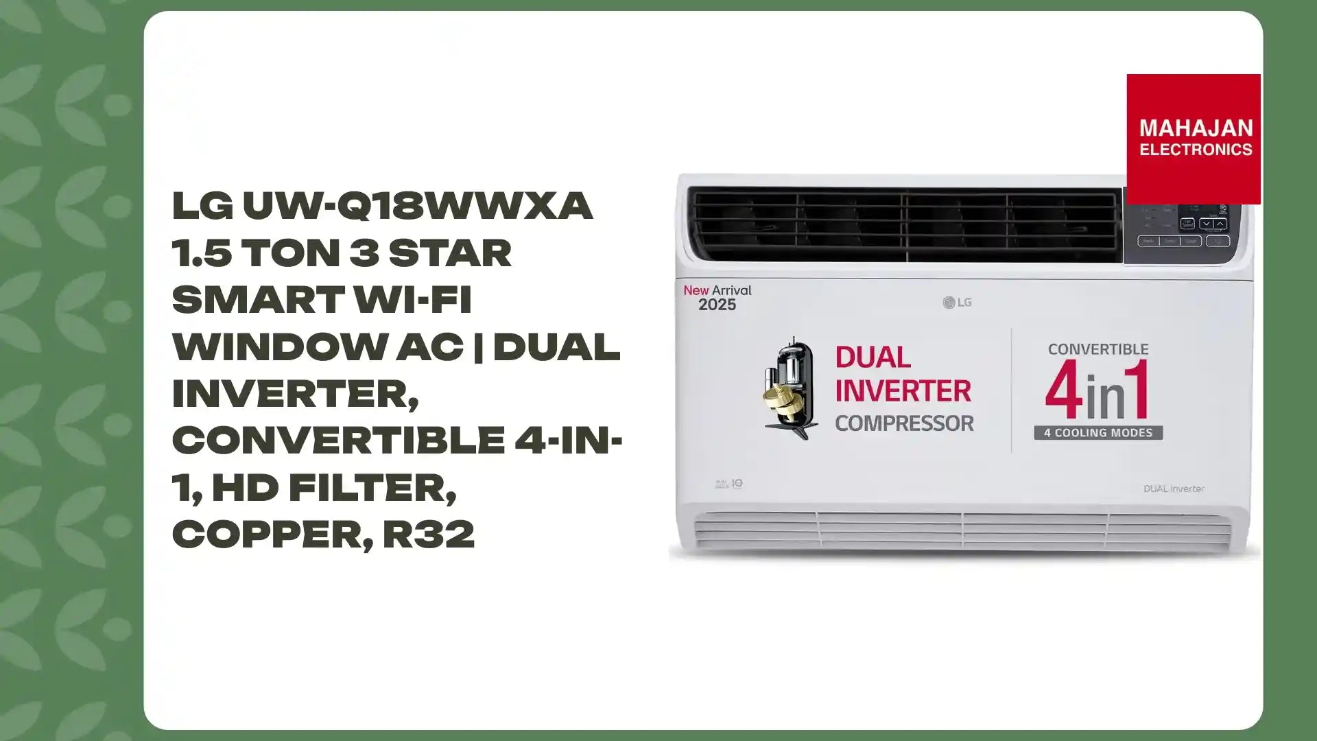 LG UW-Q18WWXA 1.5 Ton 3 Star Smart Wi-Fi Window AC | DUAL Inverter, Convertible 4-in-1, HD Filter, Copper, R32 by@Outfy