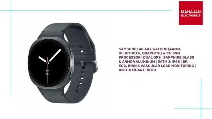 Samsung Galaxy Watch8 (44mm, Bluetooth, Graphite) with 3nm Processor | Dual GPS | Sapphire Glass &amp; Armor Aluminum | 5ATM &amp; IP68 | BP, ECG, IHRN &amp; Vascular Load Monitoring | Anti-oxidant Index by@Outfy