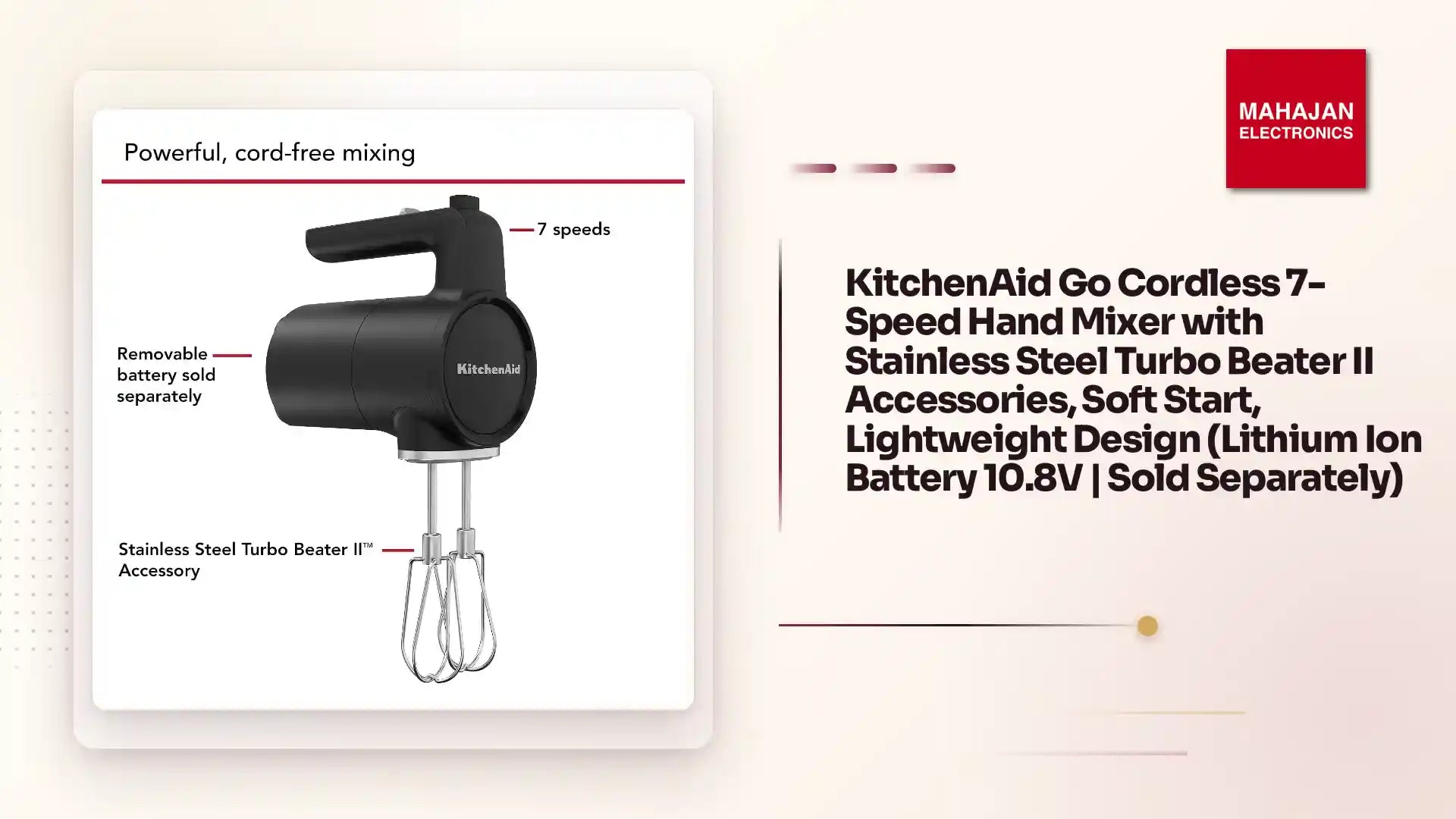 KitchenAid Go Cordless 7-Speed Hand Mixer with Stainless Steel Turbo Beater II Accessories, Soft Start, Lightweight Design (Lithium Ion Battery 10.8V | Sold Separately) by@Outfy