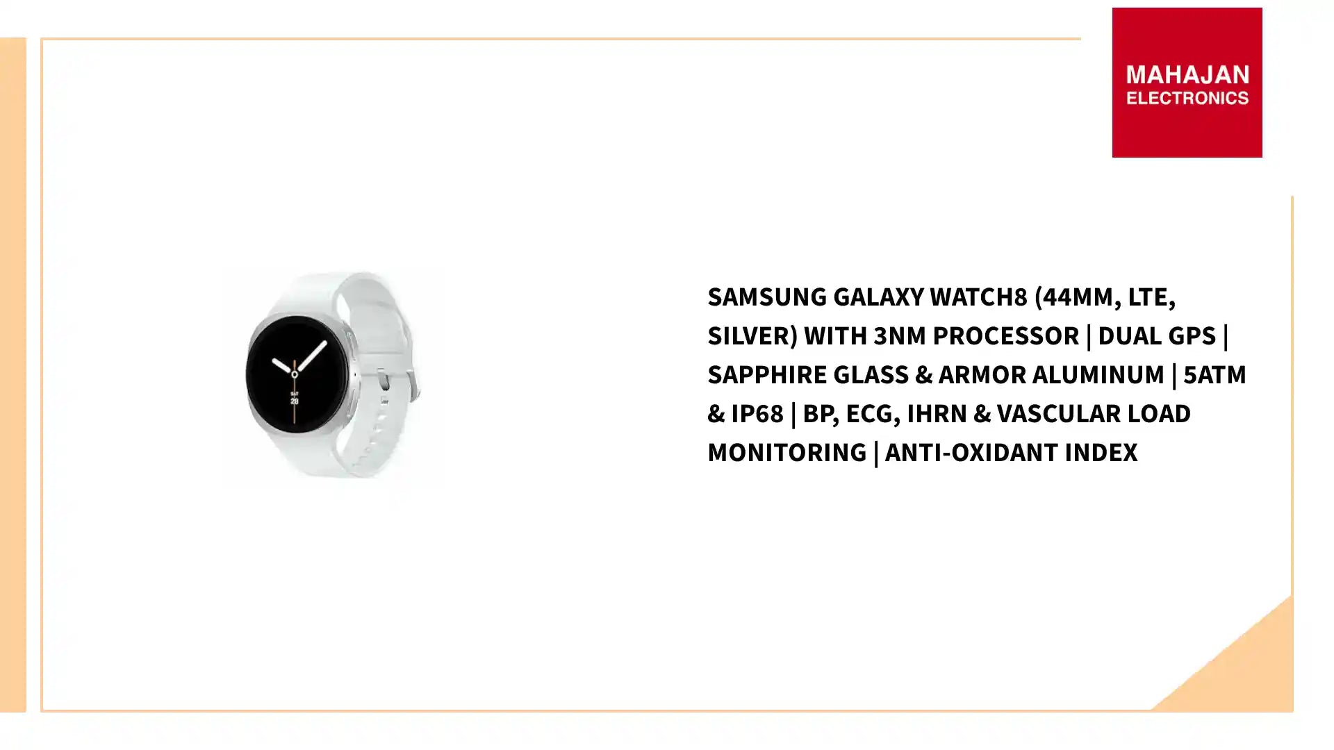 Samsung Galaxy Watch8 (44mm, LTE, Silver) with 3nm Processor | Dual GPS | Sapphire Glass &amp; Armor Aluminum | 5ATM &amp; IP68 | BP, ECG, IHRN &amp; Vascular Load Monitoring | Anti-oxidant Index by@Outfy
