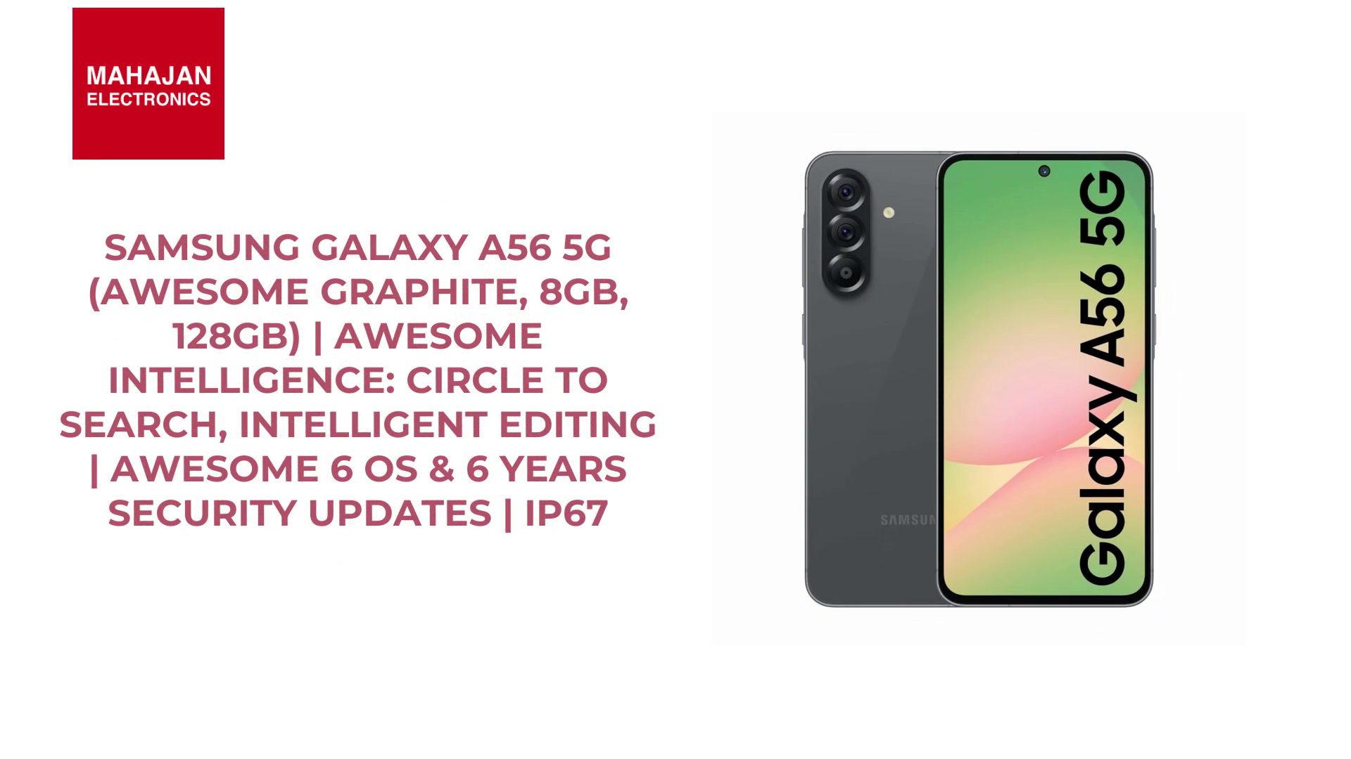 Samsung Galaxy A56 5G (Awesome Graphite, 8GB, 128GB) | Awesome Intelligence: Circle to Search, Intelligent Editing | Awesome 6 OS &amp; 6 Years Security Updates | IP67 by@Outfy