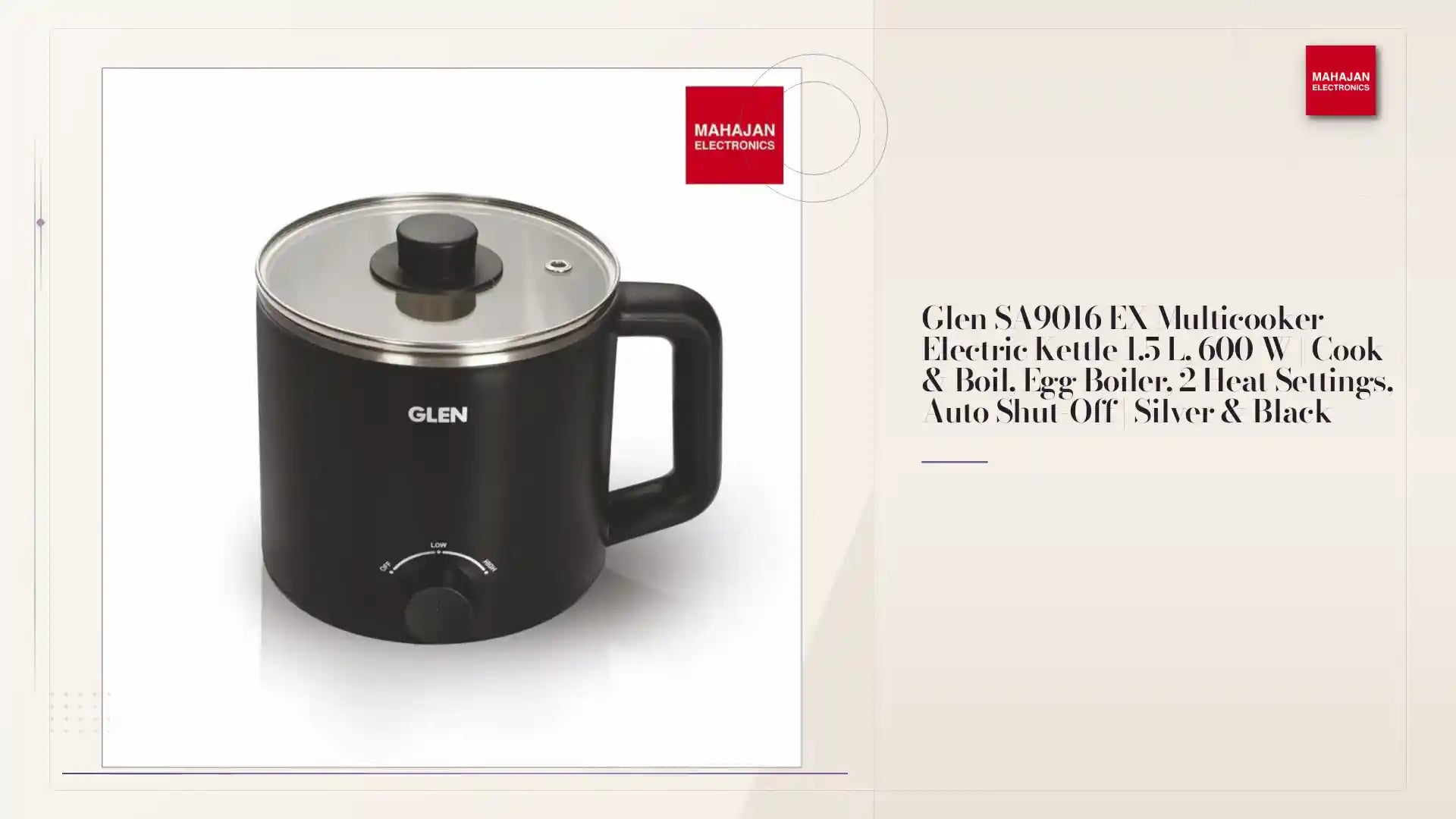 Glen SA9016 EX Multicooker Electric Kettle 1.5 L, 600 W | Cook &amp; Boil, Egg Boiler, 2 Heat Settings, Auto Shut-Off | Silver &amp; Black by@Outfy