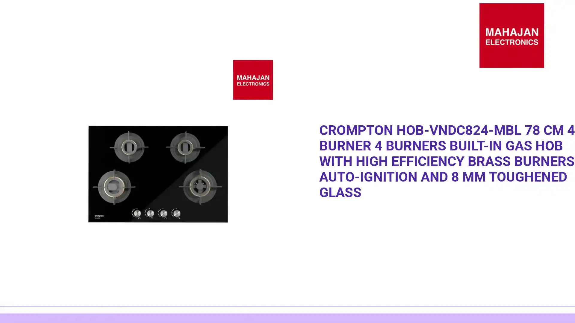 Crompton HOB-VNDC824-MBL 78 cm 4 Burner 4 Burners Built-in Gas Hob With High Efficiency Brass Burners, Auto-Ignition and 8 MM Toughened Glass by@Outfy