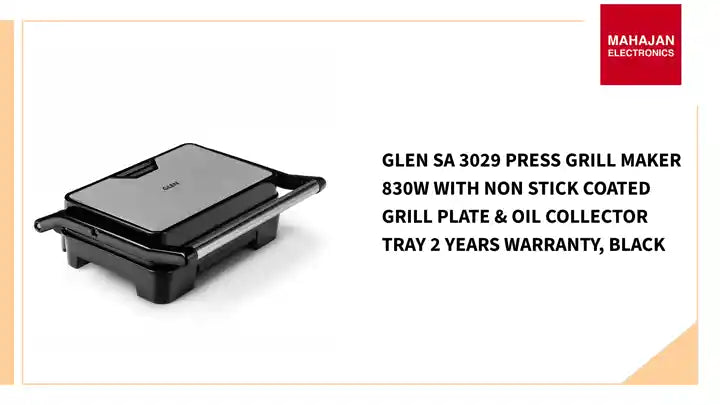 Glen SA 3029 Press Grill Maker 830W With Non Stick Coated Grill Plate &amp; Oil Collector Tray 2 Years Warranty, Black by@Outfy
