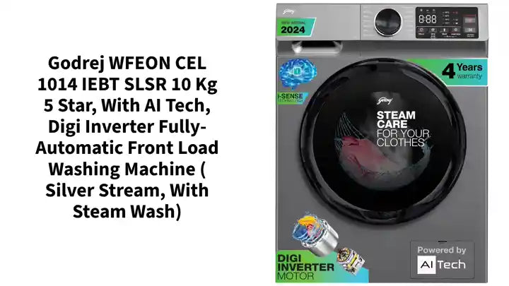 Godrej WFEON CEL 1014 IEBT SLSR 10 Kg 5 Star, With AI Tech, Digi Inverter Fully-Automatic Front Load Washing Machine ( Silver Stream, With Steam Wash) by@Outfy