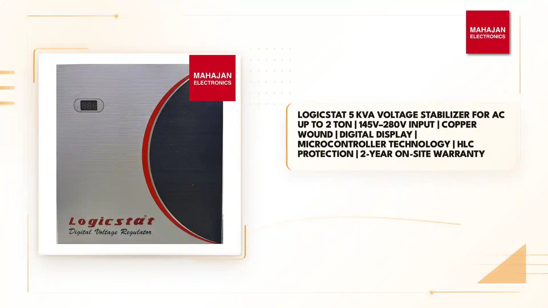 Logicstat 5 KVA Voltage Stabilizer for AC up to 2 Ton | 145V&ndash;280V Input | Copper Wound | Digital Display | Microcontroller Technology | HLC Protection | 2-Year On-Site Warranty by@Outfy
