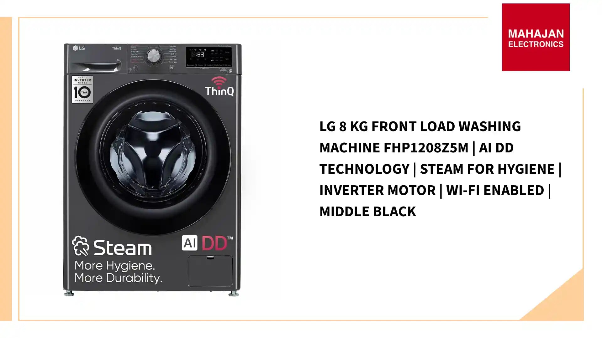 LG 8 Kg Front Load Washing Machine FHP1208Z5M | AI DD Technology | Steam for Hygiene | Inverter Motor | Wi-Fi Enabled | Middle Black by@Outfy