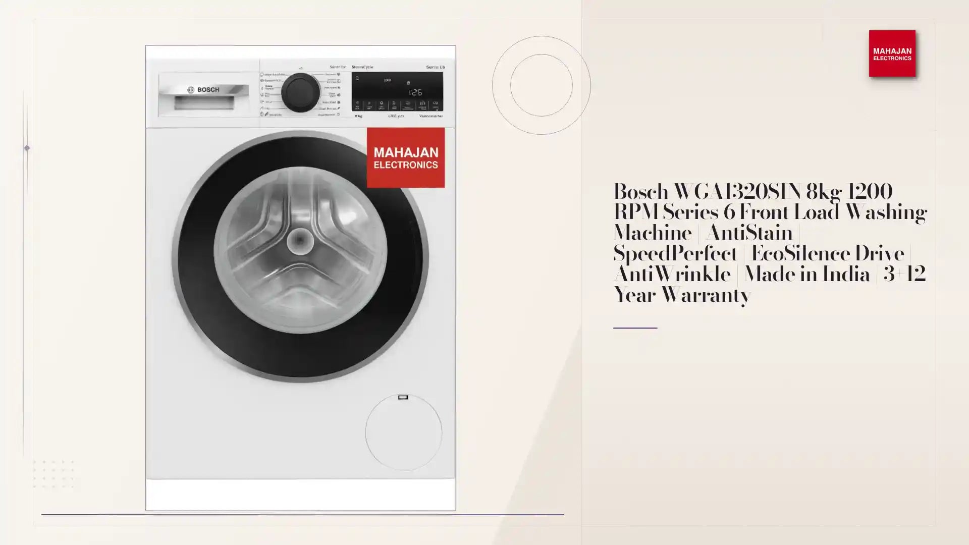 Bosch WGA1320SIN 8kg 1200 RPM Series 6 Front Load Washing Machine | AntiStain | SpeedPerfect | EcoSilence Drive | AntiWrinkle | Made in India | 3+12 Year Warranty by@Outfy