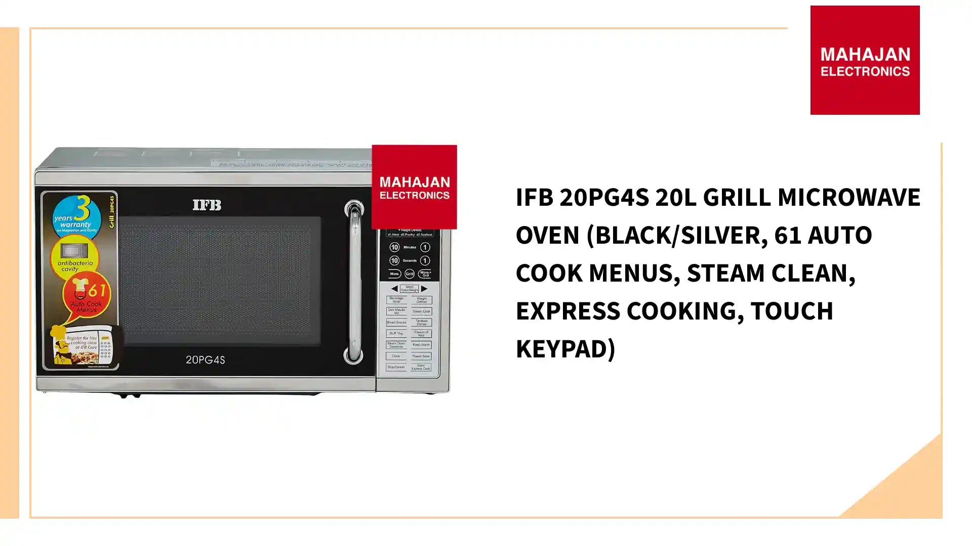 IFB 20PG4S 20L Grill Microwave Oven (Black/Silver, 61 Auto Cook Menus, Steam Clean, Express Cooking, Touch Keypad) by@Outfy