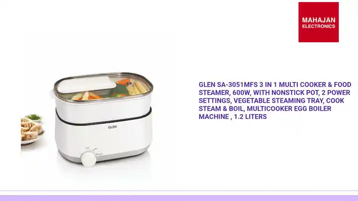 Glen SA-3051MFS 3 In 1 Multi Cooker &amp; Food Steamer, 600W, With Nonstick Pot, 2 Power Settings, Vegetable Steaming Tray, Cook Steam &amp; Boil, Multicooker Egg Boiler Machine , 1.2 Liters by@Outfy