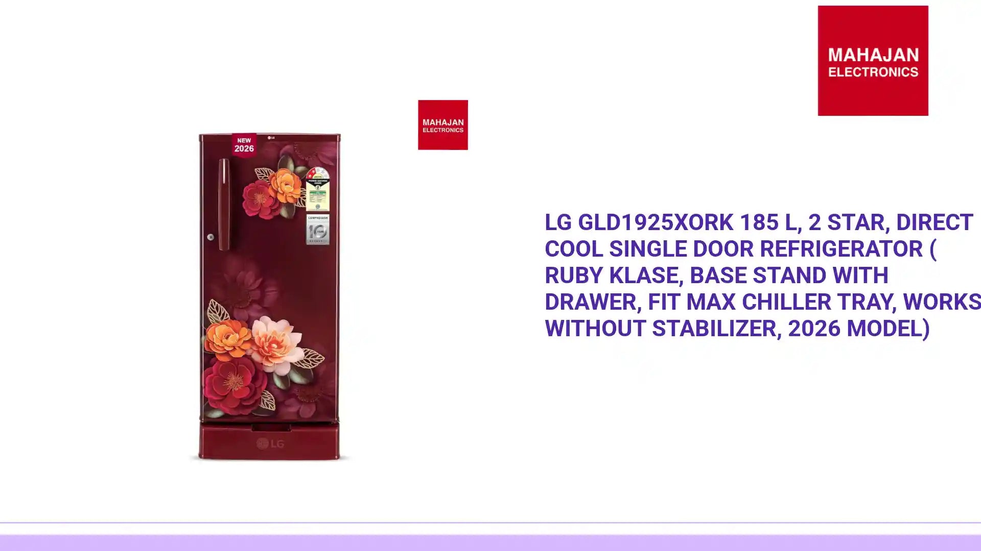 LG GLD1925XORK 185 L, 2 Star, Direct Cool Single Door Refrigerator ( Ruby Klase, Base stand with Drawer, Fit Max Chiller Tray, Works Without Stabilizer, 2026 Model) by@Outfy