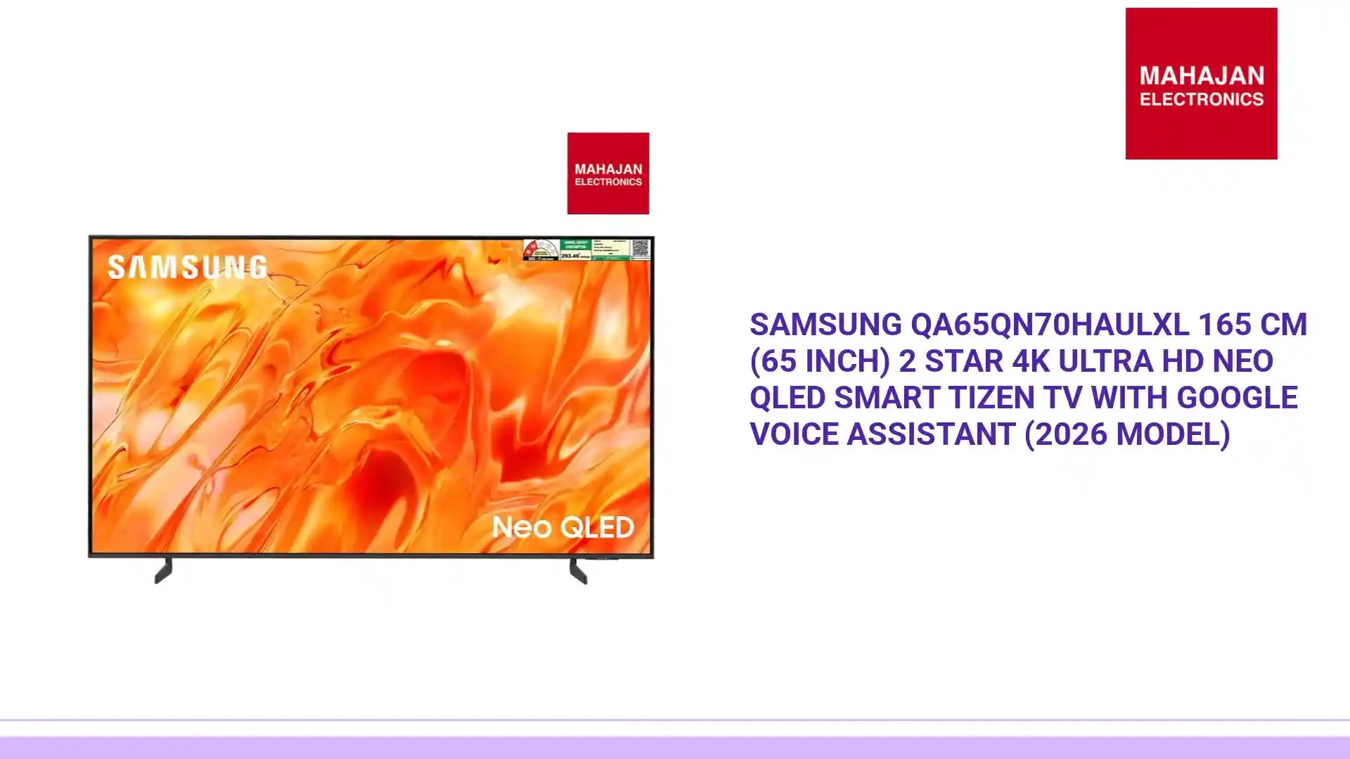 SAMSUNG QA65QN70HAULXL 165 cm (65 inch) 2 Star 4K Ultra HD Neo QLED Smart Tizen TV with Google Voice Assistant (2026 Model) by@Outfy