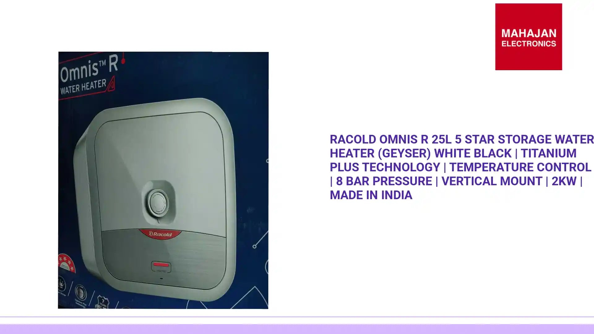 Racold Omnis R 25L 5 Star Storage Water Heater (Geyser) White Black | Titanium Plus Technology | Temperature Control | 8 Bar Pressure | Vertical Mount | 2kW | Made in India by@Outfy