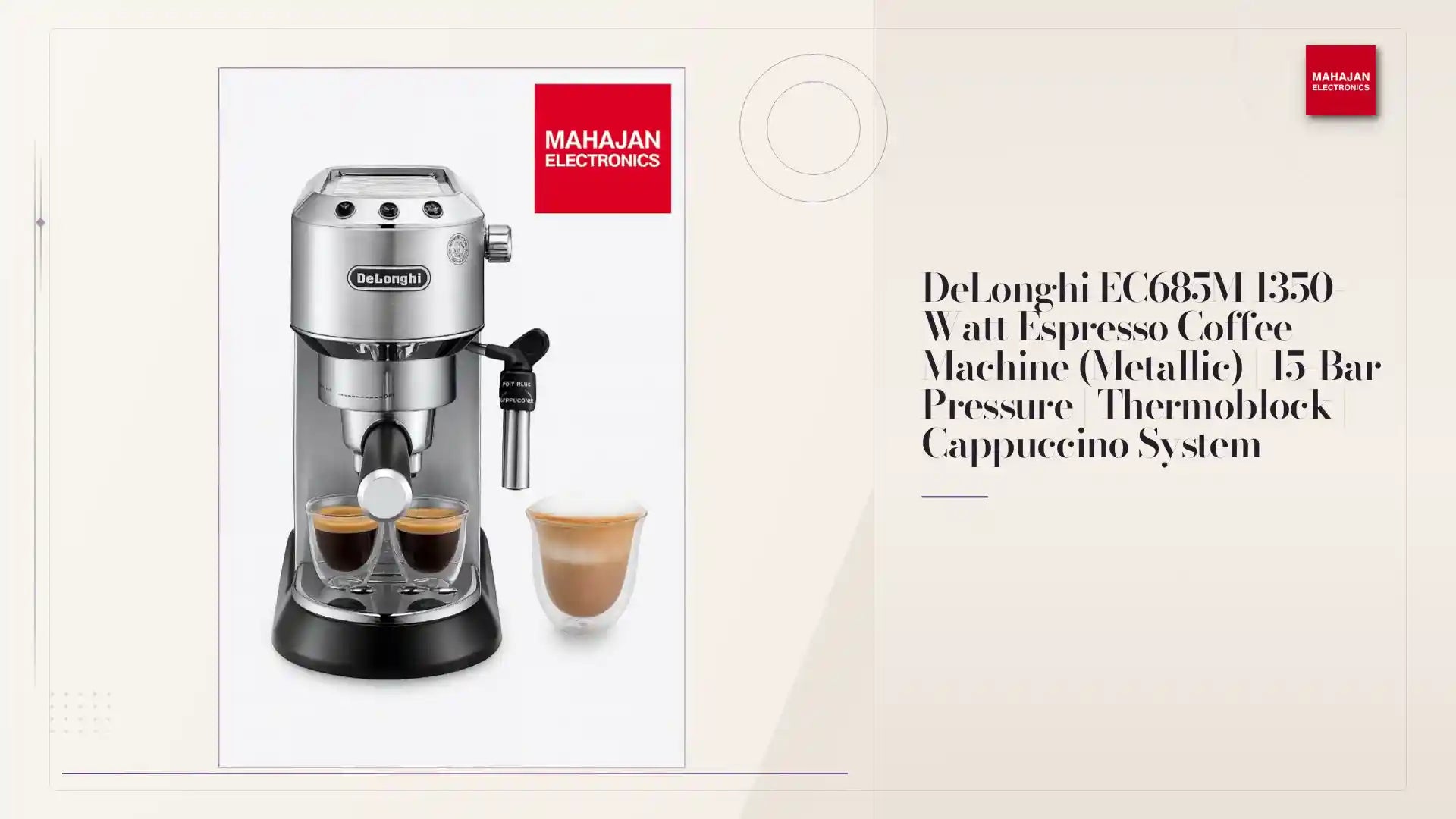 DeLonghi EC685M 1350-Watt Espresso Coffee Machine (Metallic) | 15-Bar Pressure | Thermoblock | Cappuccino System by@Outfy