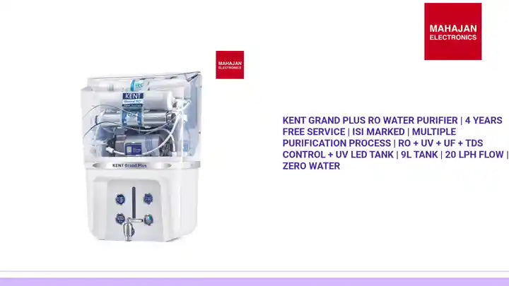 KENT Grand Plus RO Water Purifier | 4 Years Free Service | ISI Marked | Multiple Purification Process | RO + UV + UF + TDS Control + UV LED Tank | 9L Tank | 20 LPH Flow | Zero Water by@Outfy
