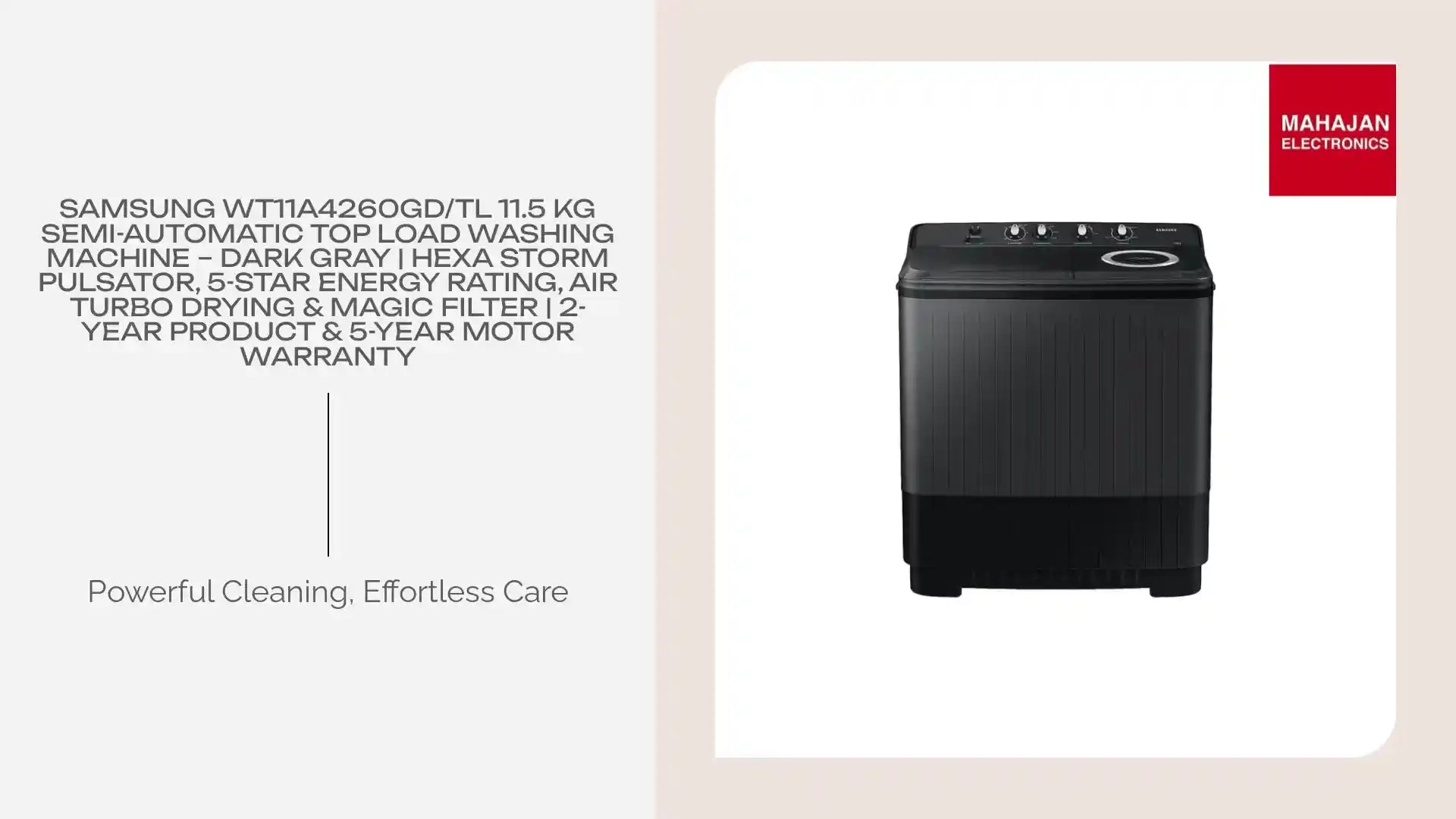 Samsung WT11A4260GD/TL 11.5 Kg Semi-Automatic Top Load Washing Machine &ndash; Dark Gray | Hexa Storm Pulsator, 5-Star Energy Rating, Air Turbo Drying &amp; Magic Filter | 2-Year Product &amp; 5-Year Motor Warranty by@Outfy