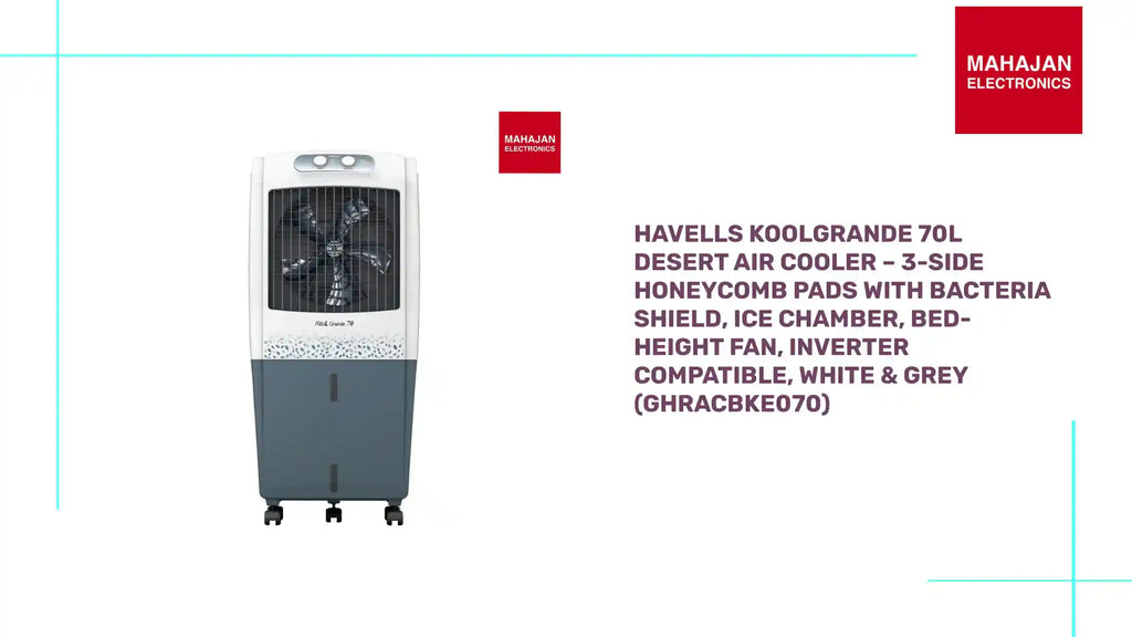 Havells KoolGrande 70L Desert Air Cooler &ndash; 3-Side Honeycomb Pads with Bacteria Shield, Ice Chamber, Bed-Height Fan, Inverter Compatible, White & Grey (GHRACBKE070) by@Outfy