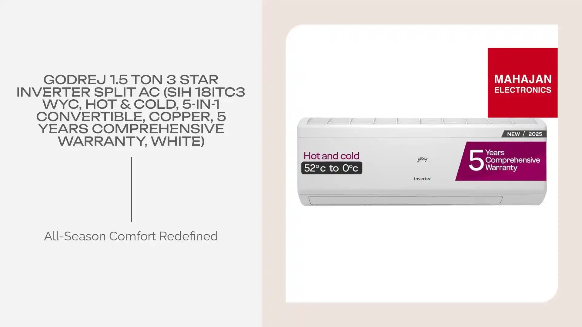 Godrej 1.5 Ton 3 Star Inverter Split AC (SIH 18ITC3 WYC, Hot &amp; Cold, 5-in-1 Convertible, Copper, 5 Years Comprehensive Warranty, White) by@Outfy