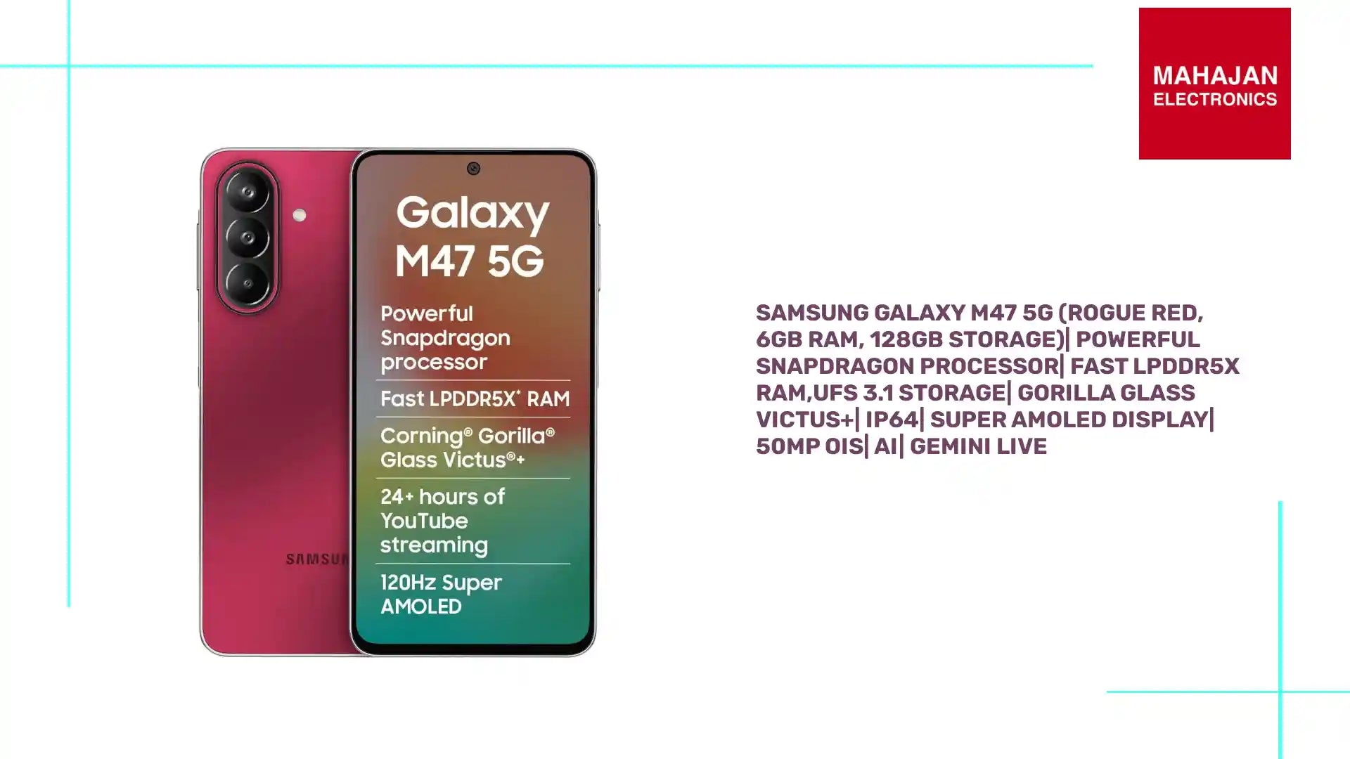 Samsung Galaxy M47 5G (Rogue Red, 6GB RAM, 128GB Storage)| Powerful Snapdragon Processor| Fast LPDDR5x RAM,UFS 3.1 Storage| Gorilla Glass Victus+| IP64| Super AMOLED Display| 50MP OIS| AI| Gemini Live by@Outfy