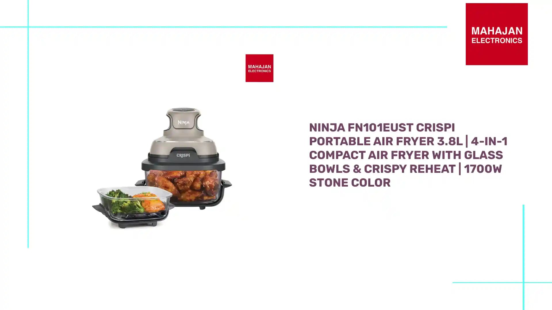 Ninja FN101EUST CRISPi Portable Air Fryer 3.8L | 4-in-1 Compact Air Fryer with Glass Bowls &amp; Crispy Reheat | 1700W Stone Color by@Outfy