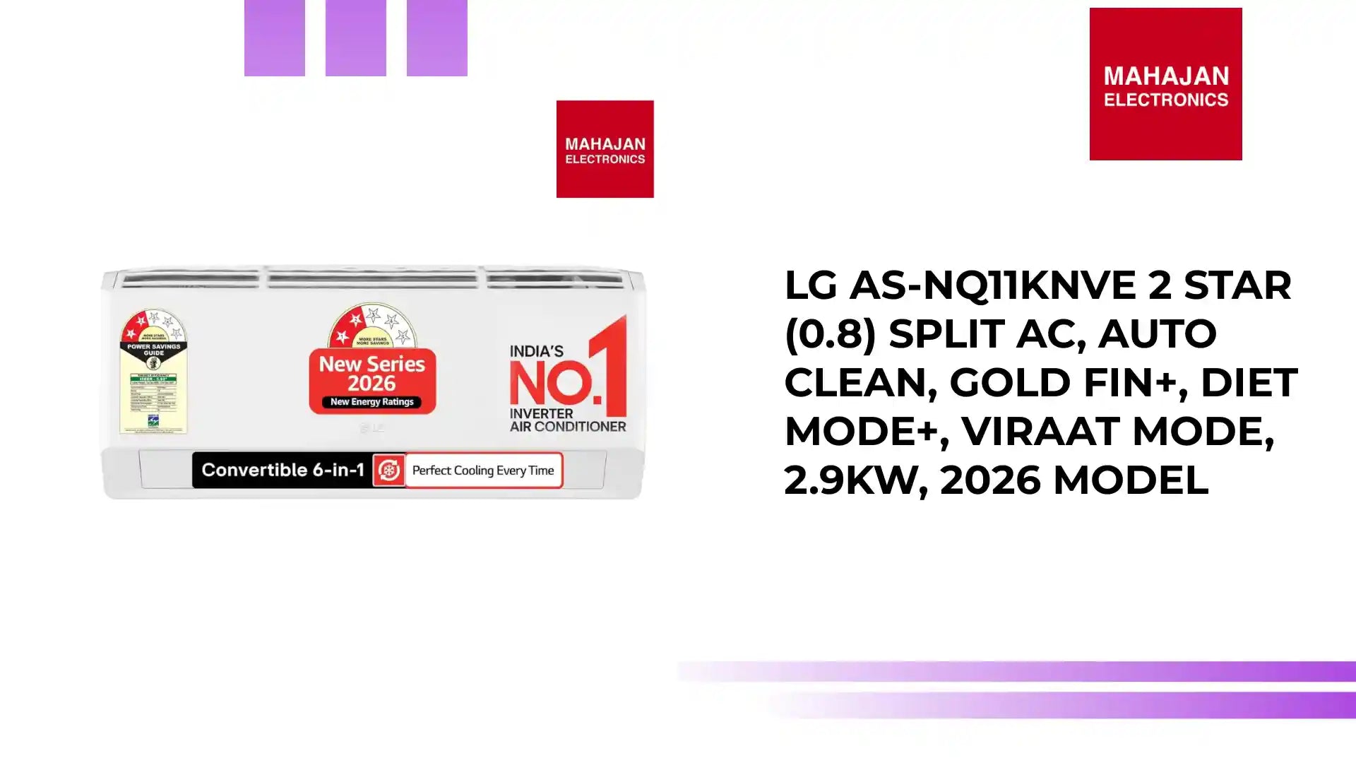 LG AS-NQ11KNVE 2 Star (0.8) Split AC, Auto Clean, Gold Fin+, Diet Mode+, Viraat Mode, 2.9kW, 2026 Model by@Outfy