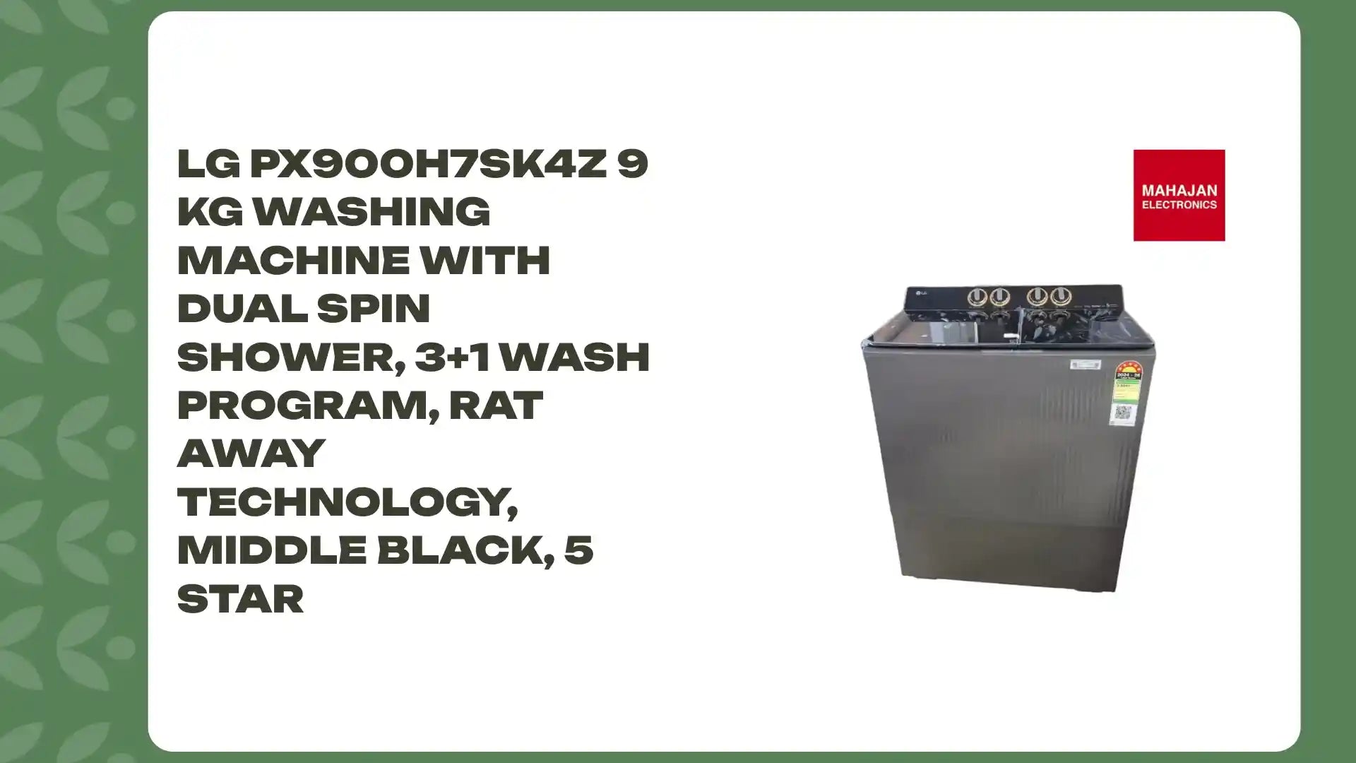 LG PX900H7SK4Z 9 KG Washing Machine with Dual Spin Shower, 3+1 Wash Program, Rat Away Technology, Middle Black, 5 Star by@Outfy