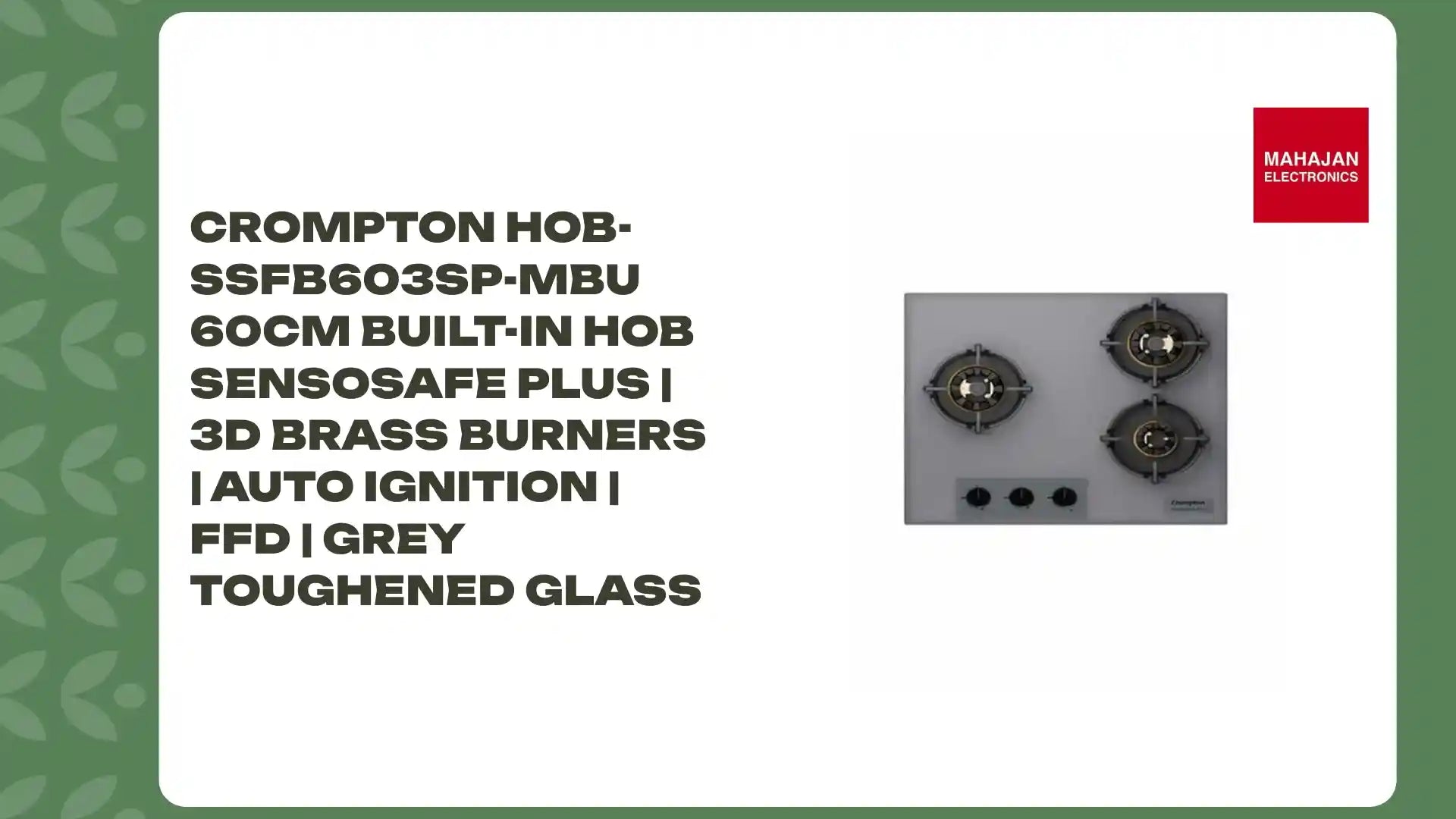 Crompton HOB-SSFB603SP-MBU 60CM Built-In Hob SensoSafe Plus | 3D Brass Burners | Auto Ignition | FFD | Grey Toughened Glass by@Outfy