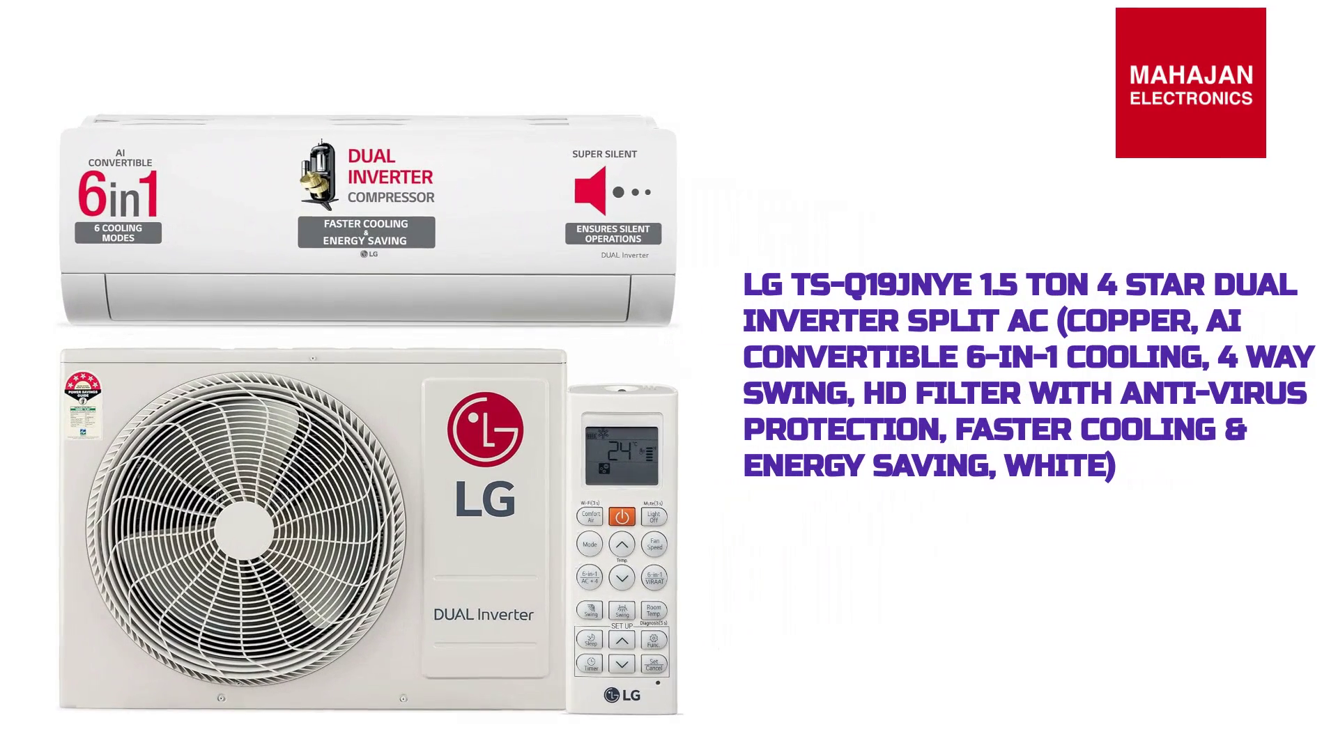 LG TS-Q19JNYE 1.5 Ton 4 Star DUAL Inverter Split AC (Copper, AI Convertible 6-in-1 Cooling, 4 Way Swing, HD Filter with Anti-Virus Protection, Faster Cooling &amp; Energy Saving, White) by@Outfy