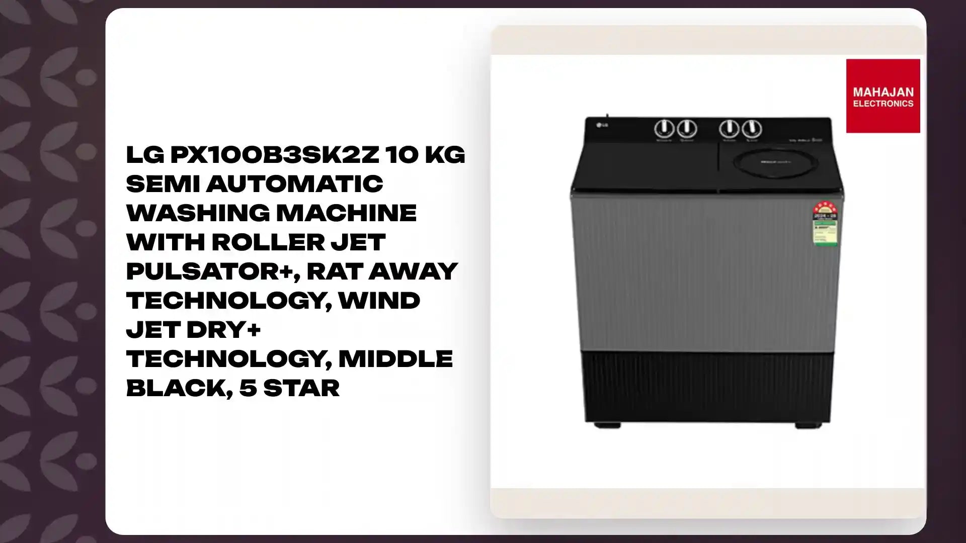 LG PX100B3SK2Z 10 KG Semi Automatic Washing Machine with Roller Jet Pulsator+, Rat Away Technology, Wind Jet Dry+ Technology, Middle Black, 5 Star by@Outfy