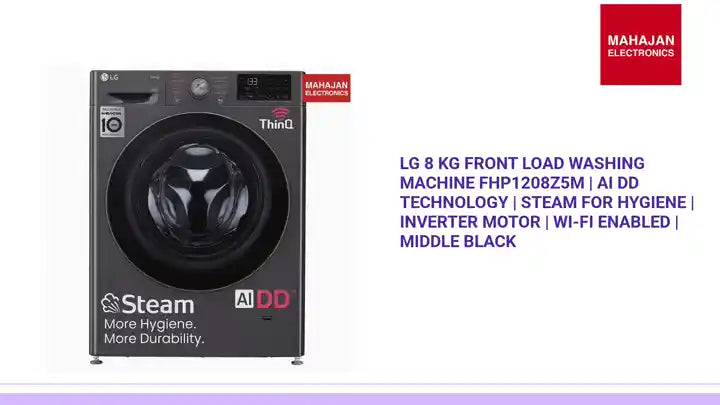 LG 8 Kg Front Load Washing Machine FHP1208Z5M | AI DD Technology | Steam for Hygiene | Inverter Motor | Wi-Fi Enabled | Middle Black by@Outfy