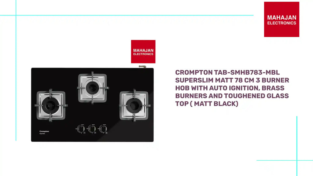 Crompton TAB-SMHB783-MBL SuperSlim Matt 78 cm 3 Burner Hob with Auto Ignition, Brass Burners and Toughened Glass Top ( Matt Black) by@Outfy