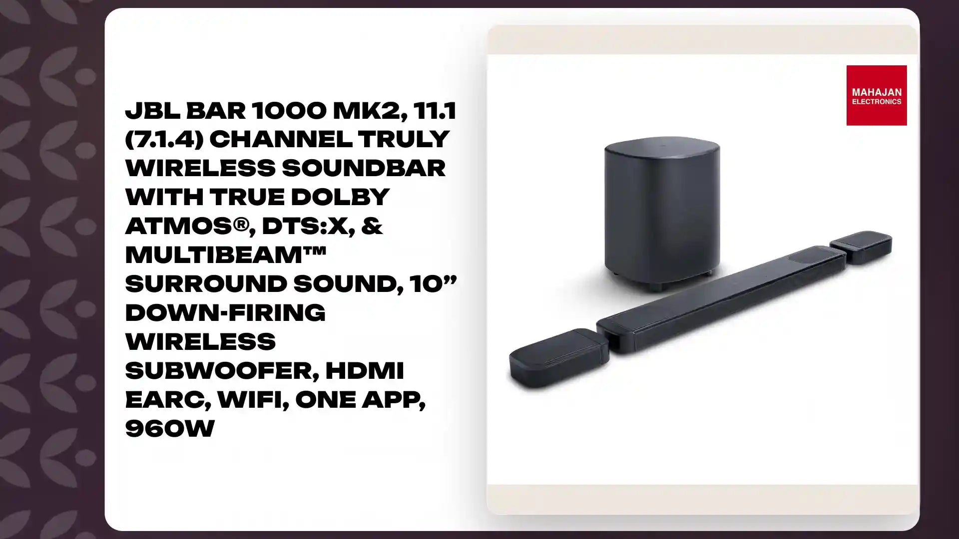 JBL Bar 1000 MK2, 11.1 (7.1.4) Channel Truly Wireless Soundbar with True Dolby Atmos&reg;, DTS:X, &amp; MultiBeam&trade; Surround Sound, 10&rdquo; Down-Firing Wireless Subwoofer, HDMI eARC, WiFi, One App, 960W by@Outfy