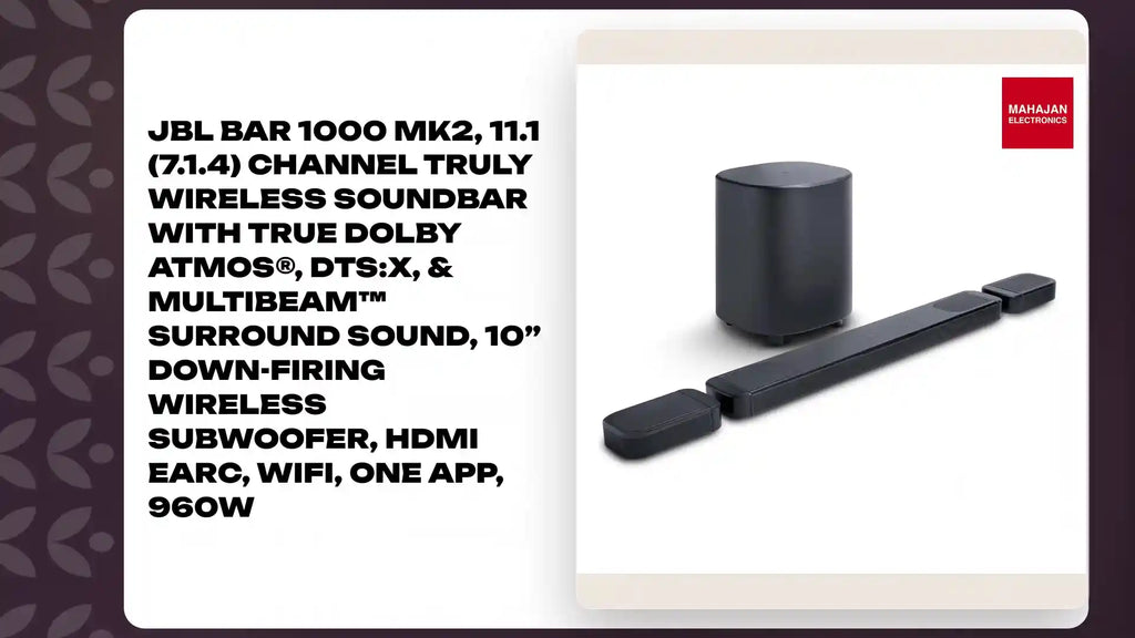 JBL Bar 1000 MK2, 11.1 (7.1.4) Channel Truly Wireless Soundbar with True Dolby Atmos&reg;, DTS:X, & MultiBeam&trade; Surround Sound, 10&rdquo; Down-Firing Wireless Subwoofer, HDMI eARC, WiFi, One App, 960W by@Outfy