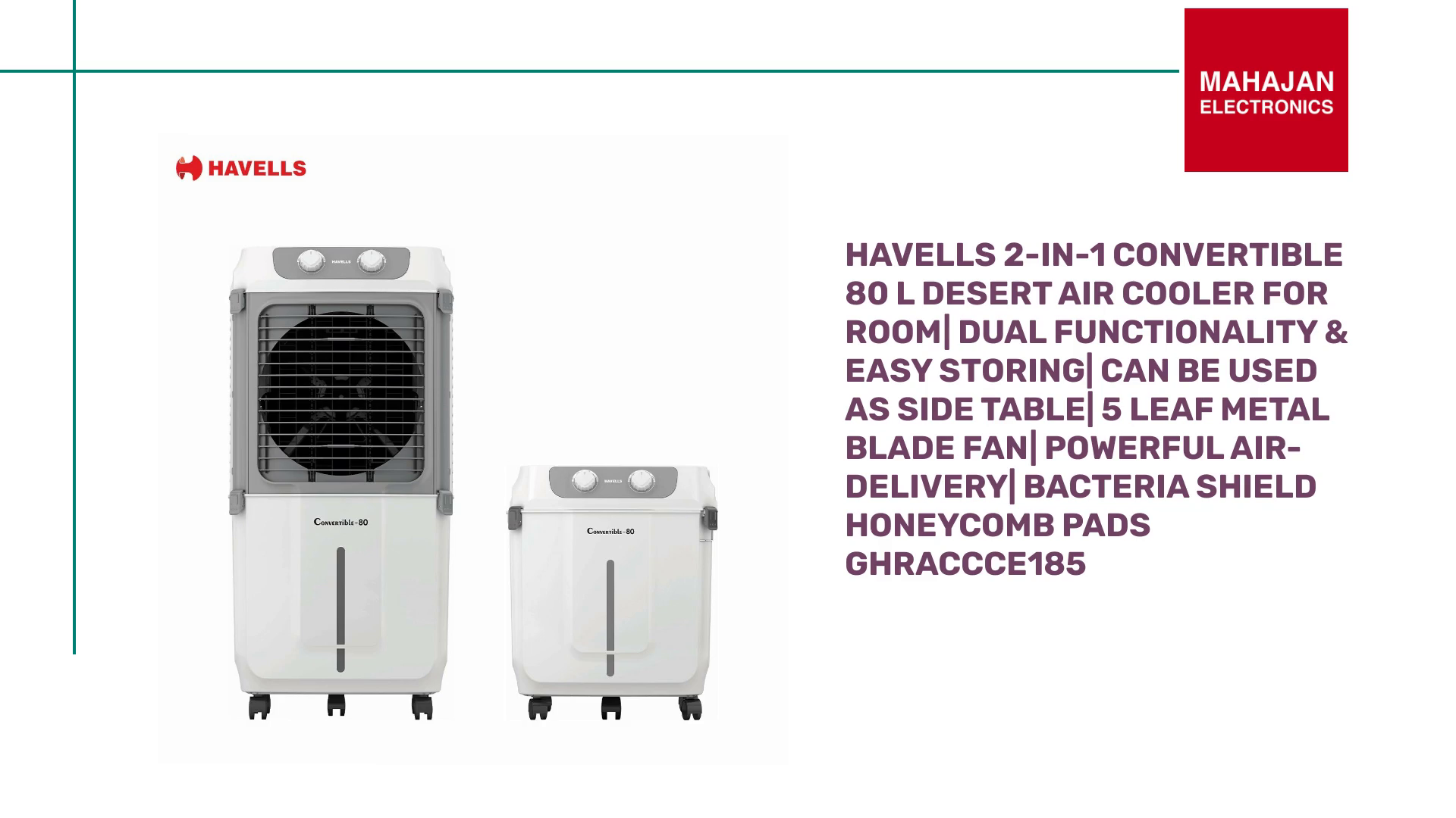 Havells 2-in-1 Convertible 80 L Desert Air Cooler for room| Dual functionality &amp; easy storing| Can be used as side table| 5 Leaf Metal Blade Fan| Powerful Air-Delivery| Bacteria shield honeycomb pads GHRACCCE185 by@Outfy