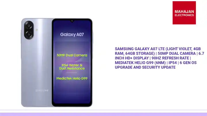 Samsung Galaxy A07 LTE (Light Violet, 4GB RAM, 64GB Storage) | 50MP Dual Camera | 6.7 Inch HD+ Display | 90Hz Refresh Rate | MediaTek Helio G99 (6nm) | IP54 | 6 Gen OS Upgrade and Security Update by@Outfy