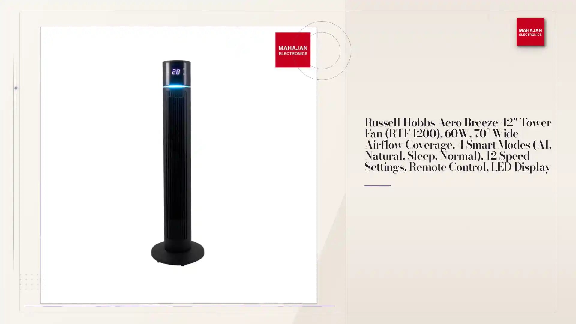 Russell Hobbs Aero Breeze 42" Tower Fan (RTF4200), 60W, 70&deg; Wide Airflow Coverage, 4 Smart Modes (AI, Natural, Sleep, Normal), 12 Speed Settings, Remote Control, LED Display by@Outfy