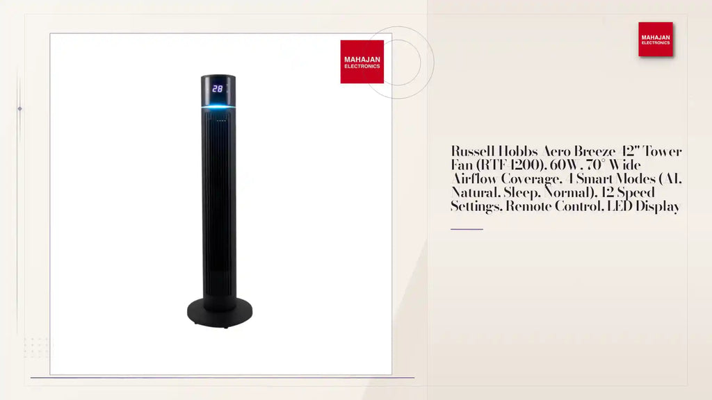 Russell Hobbs Aero Breeze 42" Tower Fan (RTF4200), 60W, 70&deg; Wide Airflow Coverage, 4 Smart Modes (AI, Natural, Sleep, Normal), 12 Speed Settings, Remote Control, LED Display by@Outfy