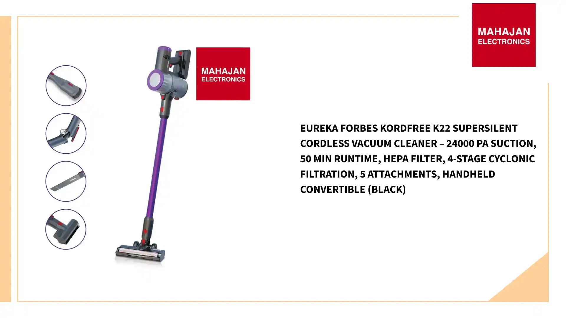 Eureka Forbes Kordfree K22 Supersilent Cordless Vacuum Cleaner &ndash; 24000 Pa Suction, 50 Min Runtime, HEPA Filter, 4-Stage Cyclonic Filtration, 5 Attachments, Handheld Convertible (Black) by@Outfy