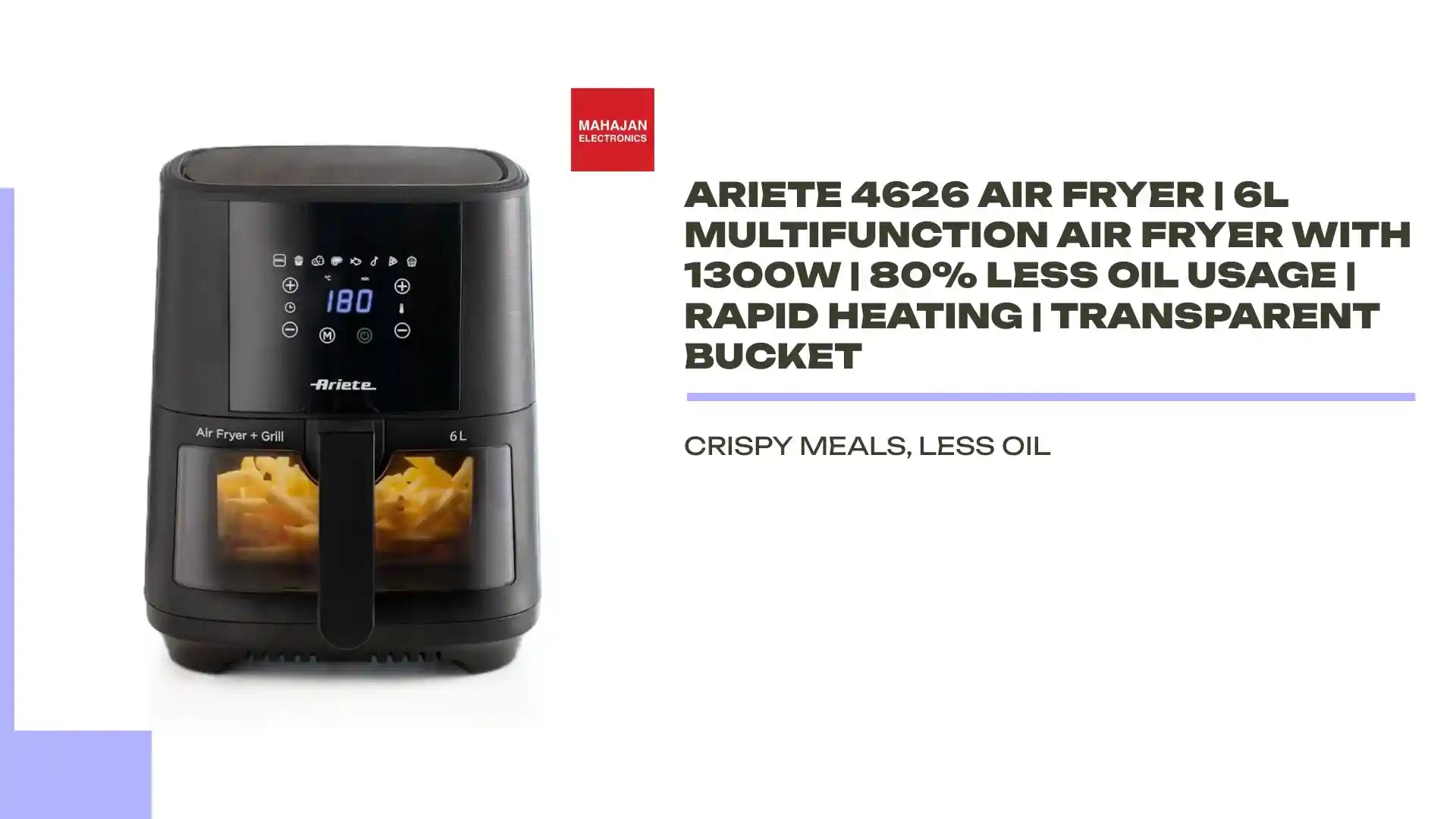 Ariete 4626 Air Fryer | 6L Multifunction Air Fryer with 1300W | 80% Less Oil Usage | Rapid Heating | Transparent Bucket by@Outfy