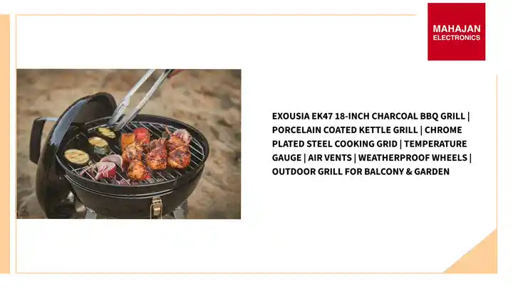 Exousia EK47 18-Inch Charcoal BBQ Grill | Porcelain Coated Kettle Grill | Chrome Plated Steel Cooking Grid | Temperature Gauge | Air Vents | Weatherproof Wheels | Outdoor Grill for Balcony &amp; Garden by@Outfy