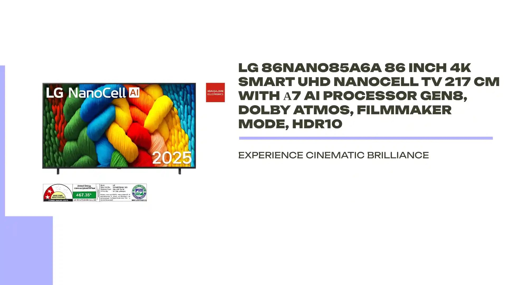 LG 86NANO85A6A 86 Inch 4K Smart UHD NanoCell TV 217 cm with &alpha;7 AI Processor Gen8, Dolby Atmos, Filmmaker Mode, HDR10 by@Outfy