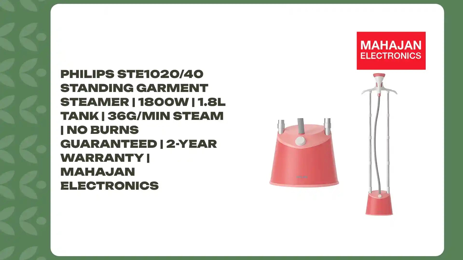 Philips STE1020/40 Standing Garment Steamer | 1800W | 1.8L Tank | 36g/min Steam | No Burns Guaranteed | 2-Year Warranty | Mahajan Electronics by@Outfy